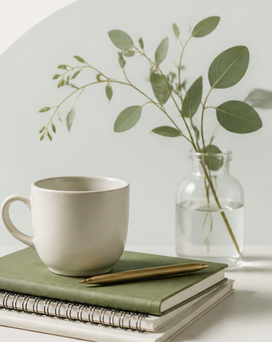 A white mug on green notebooks beside a glass vase with a eucalyptus sprig