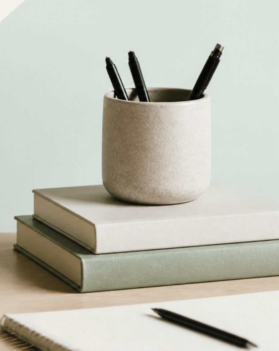 A stone pen cup on a neat stack of books beside an open notebook