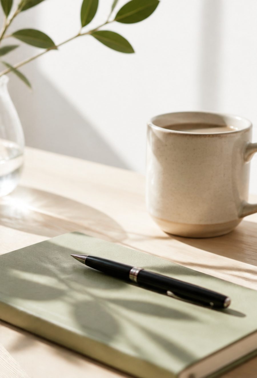 A sage-green notebook and pen beside a ceramic mug on a sunlit desk